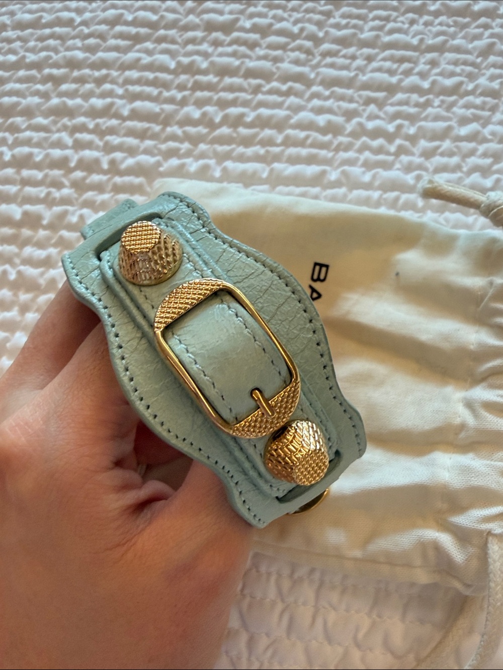 Balenciaga Giant Leather Bracelet in baby blue with gold hardware size small